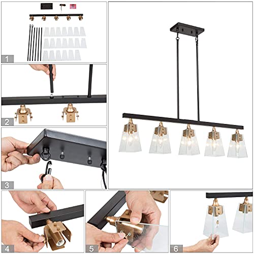 KSANA Gold Chandelier, 5-Light Modern Farmhouse Chandelier for Dining Room, Kitchen Island with Seeded Glass Shades, 34"