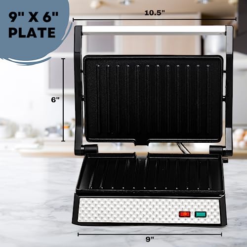 OVENTE Electric Indoor Panini Press Grill and Sandwich Maker with Non-Stick Coated Plates, Opens 180 Degrees to Fit Any Type or Size Food, Temperature Control and Removable Drip Tray, Silver GP0620BR