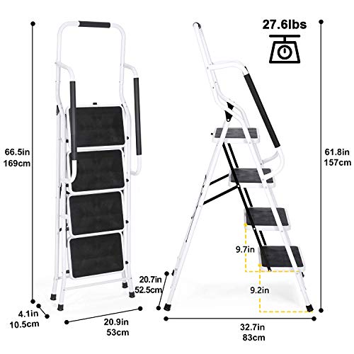 EdMaxwell 4 Step Ladder with Handrails 500 lb Capacity Step Stool Folding Portable Ladders for Home Kitchen Steel Frame with Non-Slip Wide Pedal Stepladder with Attachable Tool Bag White