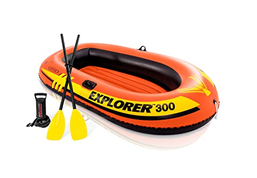 INTEX 58332EP Explorer 300 Inflatable Boat Set: Includes Deluxe Aluminum Oars and Mini Hand Pump – 3-Person – Dual Air Chambers – Grab Rope – 410lb Weight Capacity