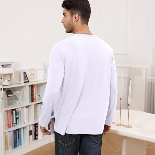 Lexiart Mens Long Sleeve Henley Shirts Slim Fit Basic Pullover T-Shirts with Pocket Button Placket Plain V Neck Shirts White