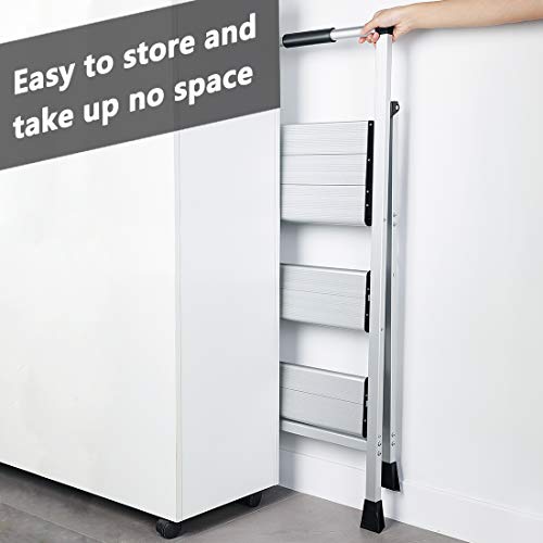 Topfun 3 Step Ladder, Lightweight Aluminum Folding Step Stool, Multi-Use Non-Slip Wide Platform Ultra-Light Sturdy Ladder, 225lbs Capacity, Fully Assembled for Household and Office
