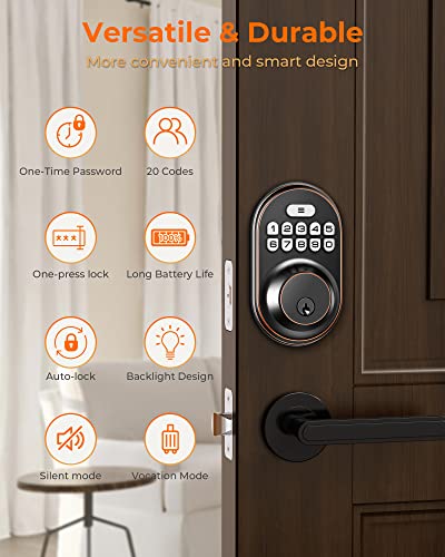 Keyless Entry Door Lock, KAWDEN Electronic Keypad Deadbolt Lock, Anti-Peeping Door Locks with Keypads, Smart Lock for Front Door Set, Auto-Lock, Backlit Design, Easy Installation, Oil Rubbed Bronze