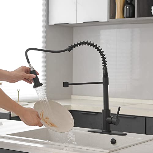 VOTON Kitchen Faucets with Pull Out Sprayer Commercial Spring Kitchen Sink Faucet Matte Black Single Handle Kitchen faucets with Deck Plate