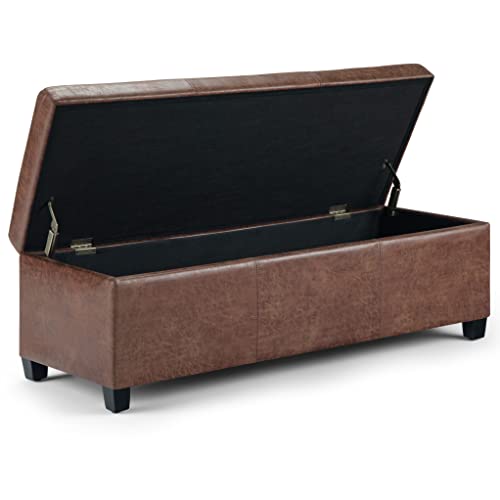 SIMPLIHOME Avalon 48 inch Wide Rectangle Lift Top Storage Ottoman Bench in Upholstered Distressed Umber Brown Faux Leather with Large Storage Space for the Living Room, Entryway, Bedroom