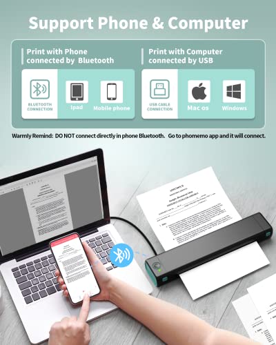 Portable Thermal Printer Wireless Travel - Bluetooth Printer for Phone, Small Mobile Printer for Laptop, Compact Inkless Printer for Vehicle Home Use School Office, Support 8.5" X 11" Letter Paper