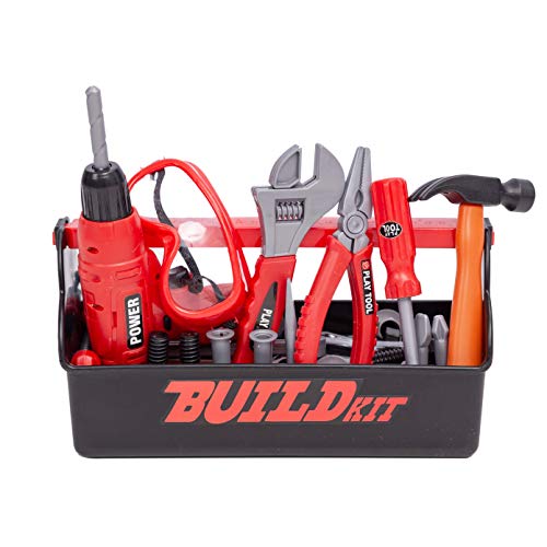 JOYIN 19Pcs Kids Tool Set, Pretend Play Toddler Power Toy Tool with Construction Tool Box & Electronic Toy Drill for for Boy Girl Halloween Birthday Dress Up Party