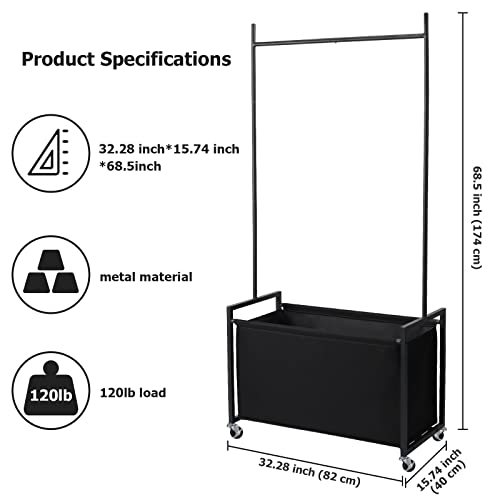 Dunatou Clothing Rack, Clothes Rack with 110 L (29 Gallons) Basket, Standard Clothing Rod 2-in-1 Freestanding Garment Rack, Rolling Clothes Organizer with Wheels 32.28 × 15.74 × 68.5 in, Black