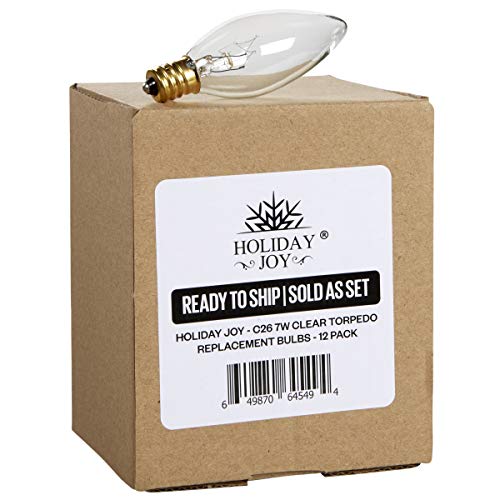Holiday Joy - Crystal Clear Torpedo Tip Candelabra Replacement Bulbs - Great for Electric Window Candle Lamps - 7W - 120 Volts - E12 (12 Pack)
