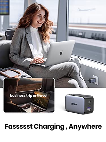 UGREEN USB C Charger 65W Nexode 3 Ports GaN Fast Charger Block, Compact Foldable Wall Charger Compatible with MacBook Pro/Air, Dell XPS, iPhone 14, iPad Pro, Galaxy S23, Pixel 7, Steam Deck (Black)