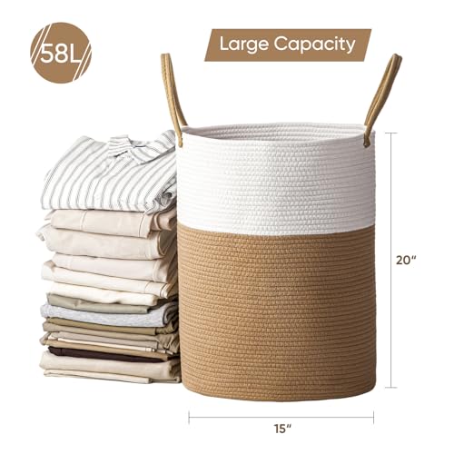 HoeTols 58L Woven Laundry Basket, Tall Rope Laundry Hamper, Dirty Clothes Hamper with Handles, Decorative Basket Blanket Storage for Living Room, Bedroom