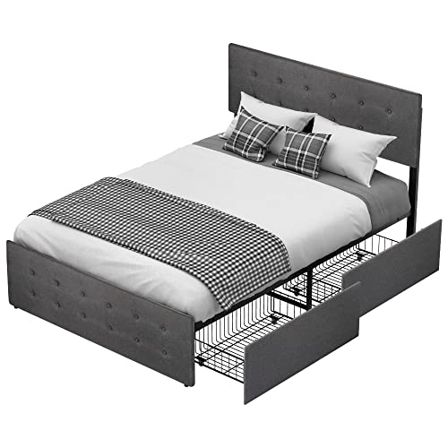 IDEALHOUSE Queen Bed Frame with 4 Storage Drawers and Headboard, Adjustable Upholstered Headboard Beds Mattress Foundation with Wood Slat Support, No Box Spring Needed