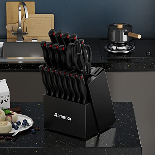 Knife Set, Astercook 21 Pieces Knife Sets for Kitchen with Block, Dishwasher Safe Santoku Knives with Built-in Sharpener, Black