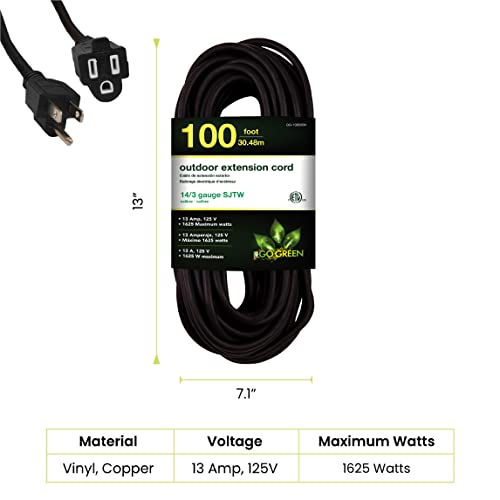 Go Green Power Inc. (GG-13800BK) 14/3 SJTW Outdoor Extension Cord, Black, 100 ft