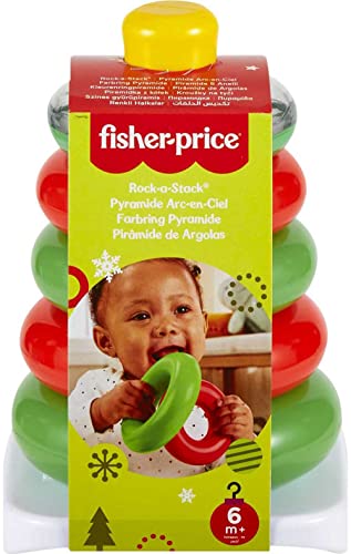 Fisher-Price Baby Stacking Toy Holiday Rock-A-Stack With 5 Rings And Bat-At Rocker Base For Ages 6+ Months, Red & Green