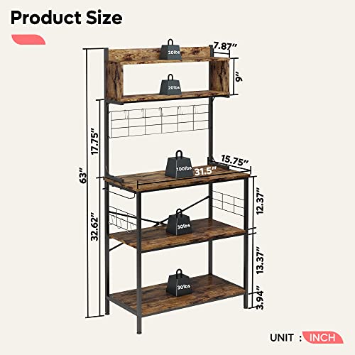 Bestier Kitchen Baker's Rack Coffee Station Microwave Oven Stand Kitchen Shelf with Hutch 8 Side Hooks Free Standing Utility Storage Shelf for Kitchen Dining Room Living Room