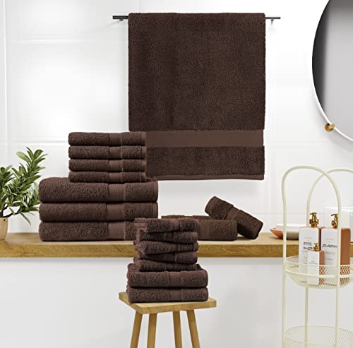 18 Piece Bath Towels Set, 100% Cotton Bathroom Towels, Super Absorbent Towel Sets for Bathroom, Gym Towels, Spa Towels, 4 Large Bath Towels, 6 Hand Towels, 8 Washcloths - Chocolate Brown