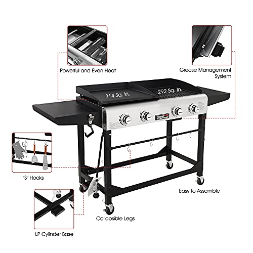 Royal Gourmet GD401 Portable Propane Gas Grill and Griddle Combo with Side Table | 4-Burner, Folding Legs,Versatile, Outdoor | Black 66 Inch