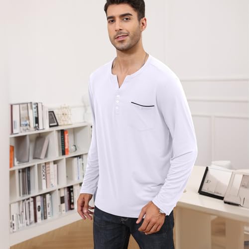 Lexiart Mens Long Sleeve Henley Shirts Slim Fit Basic Pullover T-Shirts with Pocket Button Placket Plain V Neck Shirts White