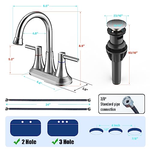 Bathroom Faucets for Sink, Gomylifer Bathroom Sink Faucet 2 Handle,4 Inch Centerset Sink Faucet with Pop Up Drain and Supply Hoses,Stainless Steel 360 Swivel Spout, Lead-Free, Brushed Nickel