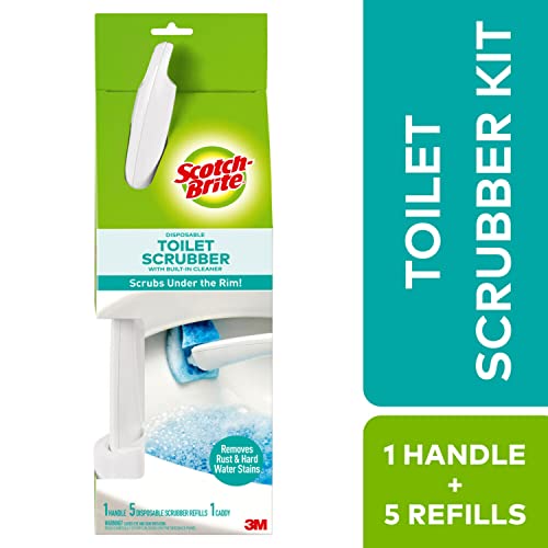 Scotch-Brite Disposable Toilet Scrubber Starter Kit, Disposable Refills with Built-In Bleach Alternative, Includes 1 Handle, Storage Caddy and 5 Refills