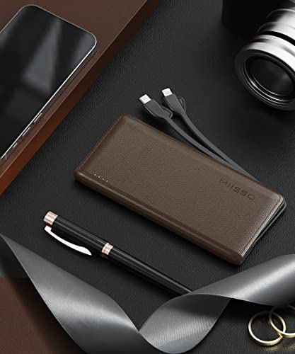 10000mAh Built in Cables Power Bank, 10000 Built in TYPE C Cords External Portable Battery Charger for Cell Phone,Type C (Input & Output) Battery Pack Compatible with iPhone and Samsung, Deep Brown