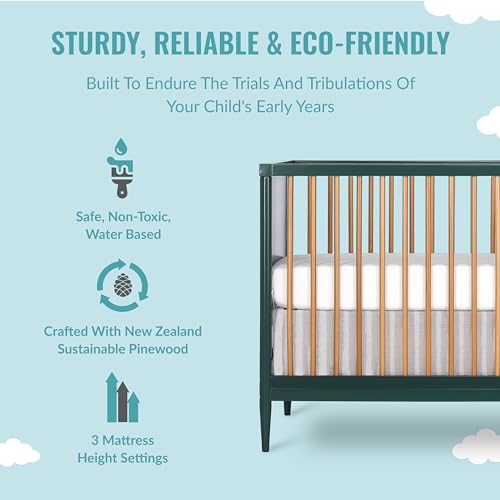 Dream On Me Clover 4-in-1 Modern Island Crib with Rounded Spindles in Olive, Convertible Crib, Mid-Century Meets Modern, Coordinates with The Clover Changing Counter