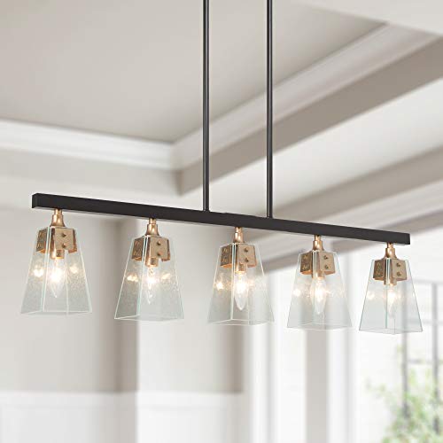 KSANA Gold Chandelier, 5-Light Modern Farmhouse Chandelier for Dining Room, Kitchen Island with Seeded Glass Shades, 34"