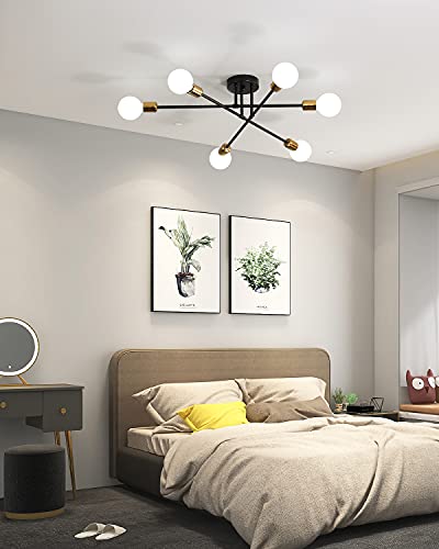 Biewalk Mid Century Sputnik Chandelier Light Fixture Semi Flush Mount Ceiling Light Black for Living Room, Kitchen, Bedroom, Dining Room (6 Light)