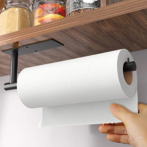 Paper Towel Holder Under Cabinet - Self-Adhesive or Drilling, Matte Black Paper Towel Holder Wall Mount, Towel Rack for Kitchen Organization and Storage, Stainless Steel Kitchen Paper Roll Holder