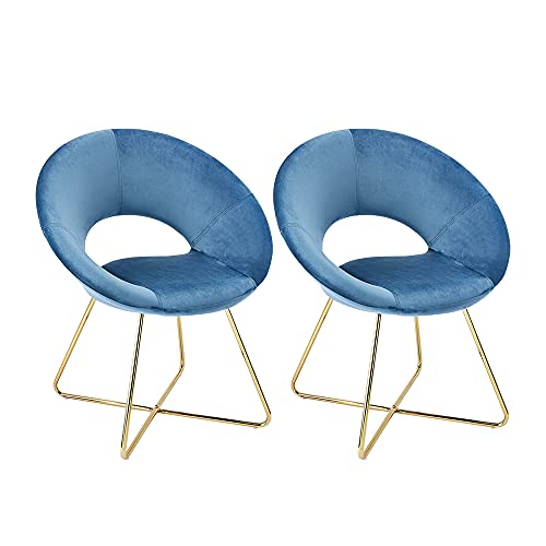 CangLong Modern Velvet Accent Upholstered Make-up Stool Home Office Guest Reception Dining Leisure Lounge Chairs with Golden Legs Set of 2, Blue 1