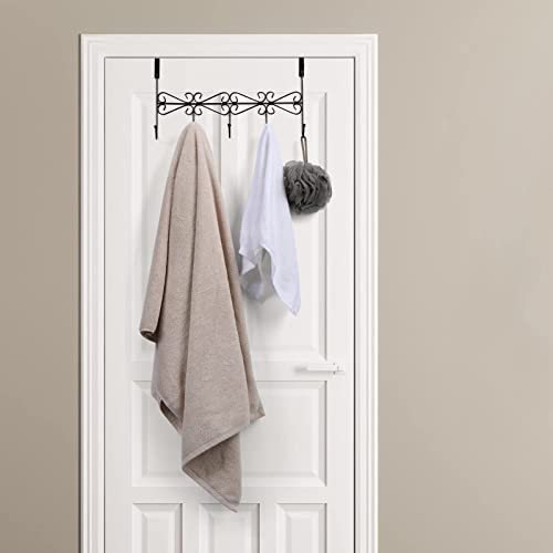 5 Pack Over The Door Hooks Hanger, Over The Door Towel Rack Coat Rack with 5 Hooks, Metal Hanging Organizer for Clothes Coat Hat Towel Bedroom Bathroom, Black