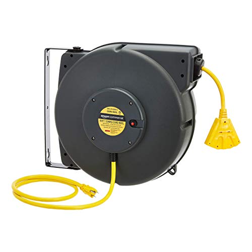 AmazonCommercial Extension Cord Reel Heavy Duty Retractable Long 12AWG x 65' Feet Industrial Grade 3C/SJT Cable with Triple Tap Connector and Swivel Bracket Power Rating 15A 125VAC 1875W 60Hz, Black