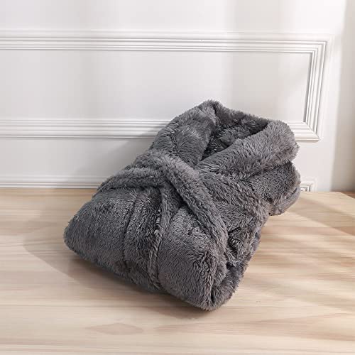 Berkshire Extra Fluffy Women's Robe,Soft Light Plush,High Pile Bathrobe,Large,Smoke Gray