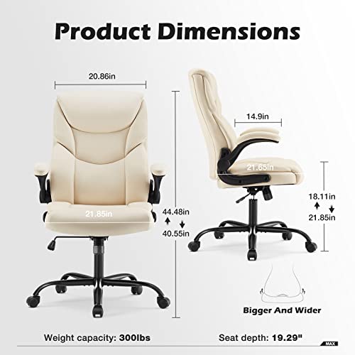 JHK Executive High Back Big and Tall Leather Office Desk Chairs with Flip Up Arms Ergonomic Lumbar Support, Adjustable Height,Wheels, Soft Padded, Black, Cream