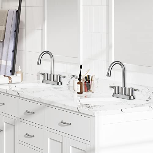 SOKA Commercial Bathroom Faucet 3 Hole Brushed Nickle Bathroom Sink Faucet with Pop-Up Drain Deck Plate for 3 Hole, 2 Handles 4 Inch Sink Lavatory Faucets with 360° Swivel