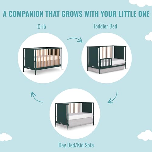 Dream On Me Clover 4-in-1 Modern Island Crib with Rounded Spindles in Olive, Convertible Crib, Mid-Century Meets Modern, Coordinates with The Clover Changing Counter