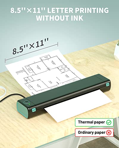 Portable Thermal Printer Wireless Travel - Bluetooth Printer for Phone, Small Mobile Printer for Laptop, Compact Inkless Printer for Vehicle Home Use School Office, Support 8.5" X 11" Letter Paper