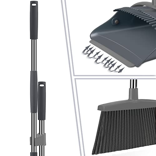 Broom and Dustpan Set, Broom Dust pan, Dustpan with Long Handle, Broom with Dustpan, Broom and Dustpan Set for Home, Dustpan Comb, Broom with Dustpan Indoor or Outdoor Broom(Deep Gray&Light Gray)