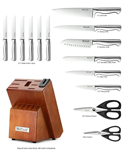 McCook MC29 Knife Sets,15 Pieces German Stainless Steel Kitchen Knife Block Sets with Built-in Sharpener