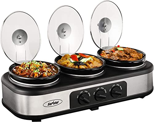 Sunvivi Slow Cooker, Triple Slow Cooker Buffet Server 3 Pot Food Warmer, 3-Section 1.5-Quart Oval Slow Cooker Buffet Food Warmer Adjustable Temp Lid Rests Stainless Steel,Total 4.5 QT