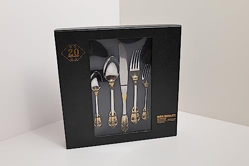 Runfly Gorgeous Baroque Silver Gold 18/10 Stainless Steel 20 Pieces Flatware Set, Anti-rust Stainless Steel Gold Cutlery Set Utensils Including Fork Spoon and Knife with Gift Box