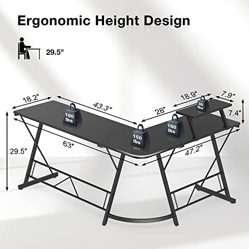 Mr IRONSTONE 63" L Shaped Gaming Desk, Corner Computer Desk, Home Office Writing Desk with Sturdy Monitor Shelf, Spacious L Shaped Desk Workstation, Easy to Assemble, Black