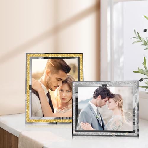 Egofine 8x10 Picture Frames Set of 4, Glass Picture Frames Gold Crystal with Silver Edge Wedding Photo Frames for Tabletop Display Vertically or Horizontally