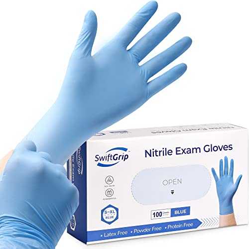 SwiftGrip Disposable Nitrile Exam Gloves, 3-mil, Blue, Nitrile Gloves Disposable Latex Free, Medical Gloves, Cleaning Gloves, Food-Safe Rubber Gloves, Powder Free, Non-Sterile, 100-ct Box (Small)