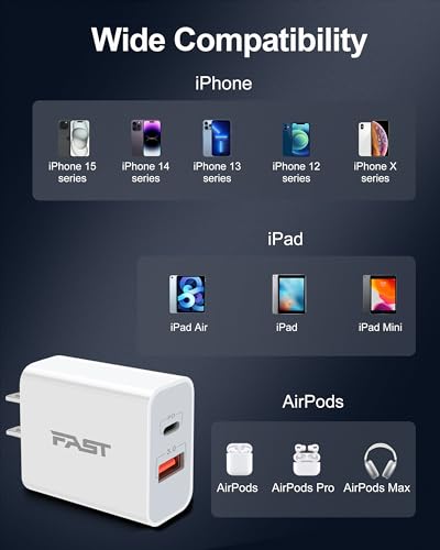 iPhone 15/15 Pro Max Charger, 3-Pack 20W Dual Port Type C Fast Wall Charger Block Power Adapter with 10FT Long USB C to USB C Cable for iPhone 15/15 Plus/15 Pro/15 Pro Max, iPad Pro/Air/Mini, AirPods