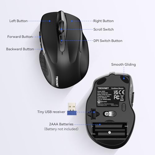 TECKNET Wireless Mouse, 2.4G Ergonomic Optical Mouse, Computer Mouse for Laptop, PC, Computer, Chromebook, Notebook, 6 Buttons, 24 Months Battery Life, 2600 DPI, 5 Adjustment Levels