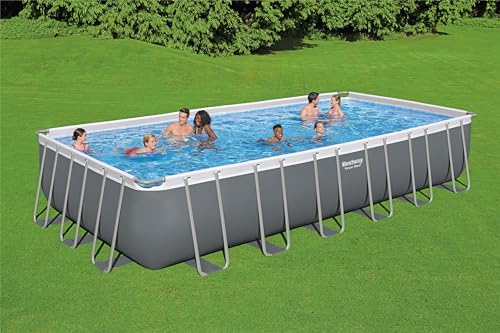 Bestway Power Steel 24' x 12' x 52" Rectangular Metal Frame Above Ground Swimming Pool Set with 1500 GPH Sand Filter Pump, Ladder, and Pool Cover