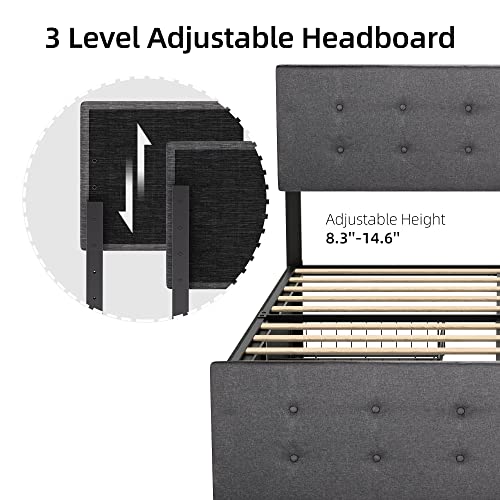 IDEALHOUSE Queen Bed Frame with 4 Storage Drawers and Headboard, Adjustable Upholstered Headboard Beds Mattress Foundation with Wood Slat Support, No Box Spring Needed