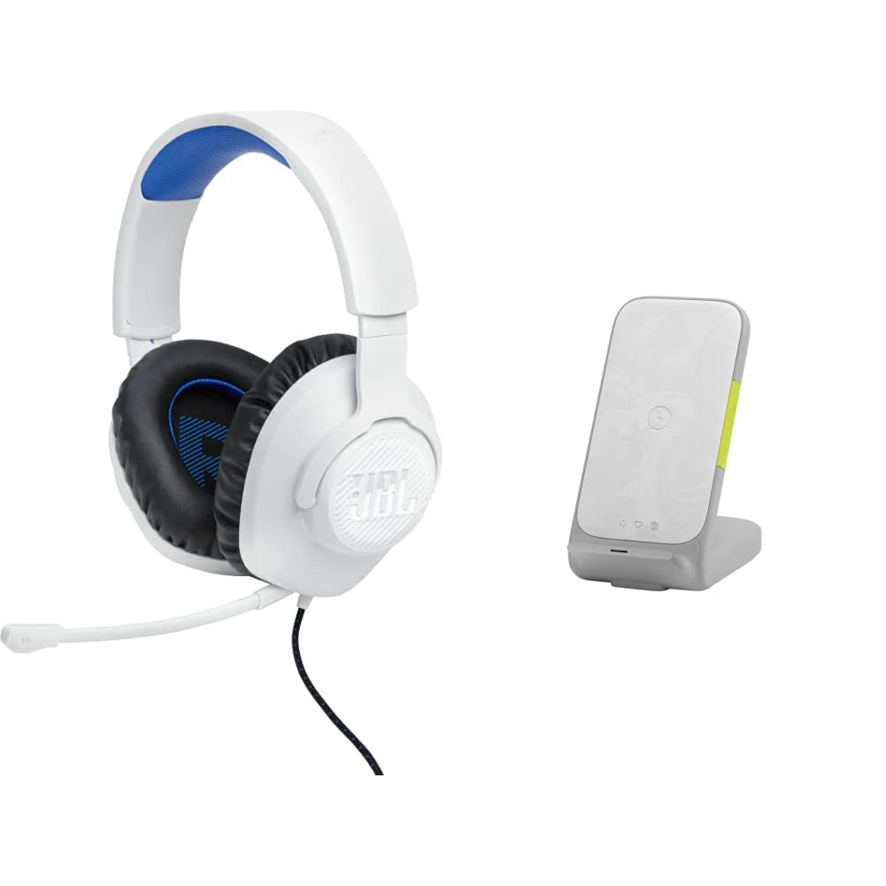 JBL Quantum 100P Console - Gaming Headset for Playstation (White) and InfinityLab InstantStation Wireless Stand 33W PD USB-C and USB-A Compact Fast Charging Wireless Charger (White)